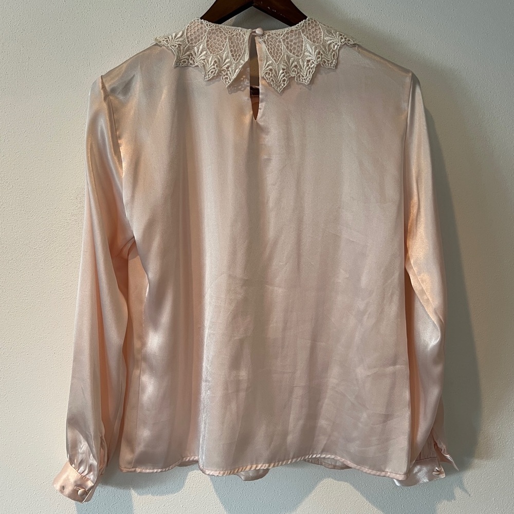Vintage Blush Pink Lace Collar Keyhole Back Long Sleeve Blouse Coquette Feminine - Picture 6 of 9
